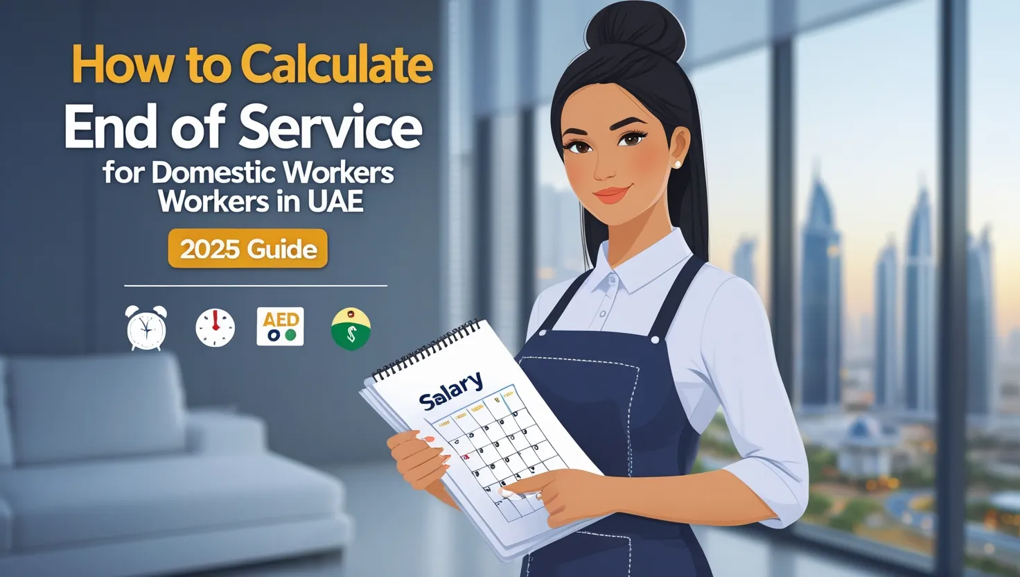Domestic workers in UAE with calculator showing end of service benefits calculation