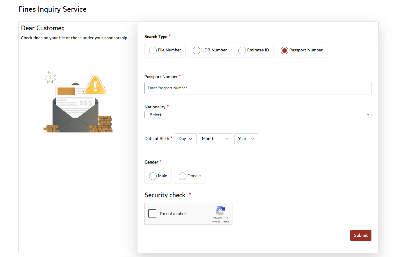 GDRFA Fine Inquiry Page Screenshot