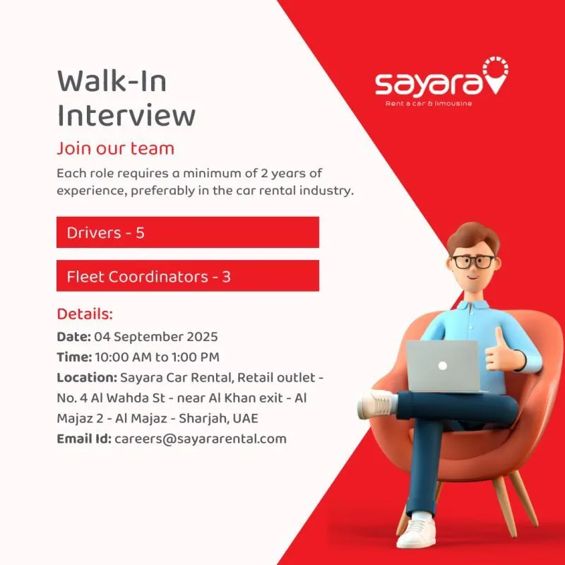 Sayara Car Rental Walk-In Interview Job Ad