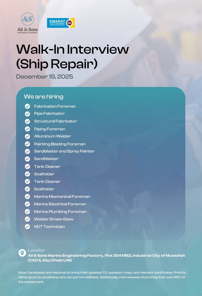 Walk-in Interview Advertisement - Ali & Sons Offshore & Marine