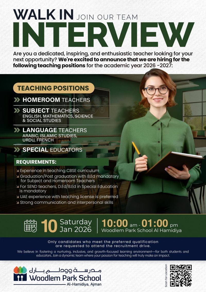Walk-in Interview Advertisement - Woodlem Park School