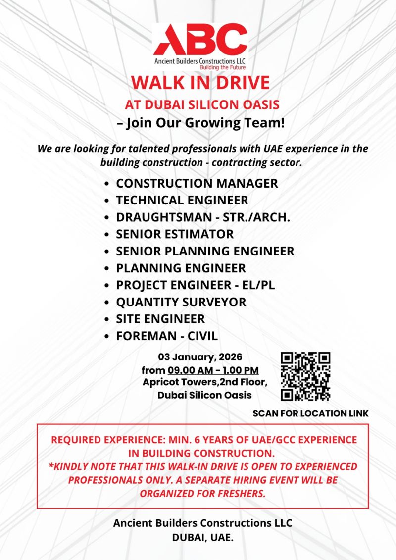 Walk-in Interview Advertisement - Ancient Builders Constructions LLC