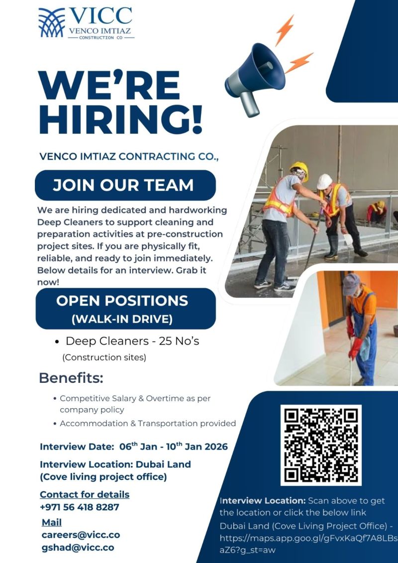 Walk-in Interview Advertisement - Venco Imtiaz Contracting Co