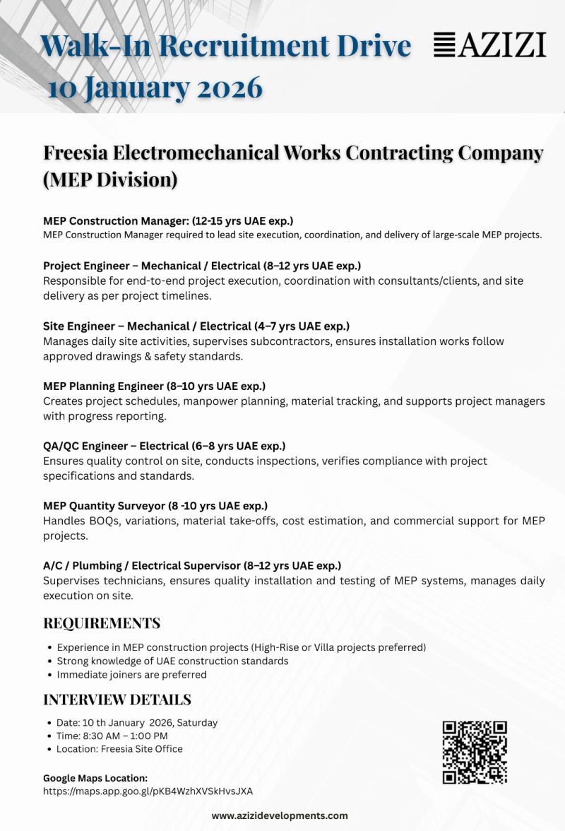 Walk-in Interview Advertisement - Azizi Developments